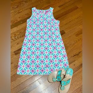Britt Ryan shift, size S. Pullover, stretchy, bright aqua and pink pattern. EUC.
